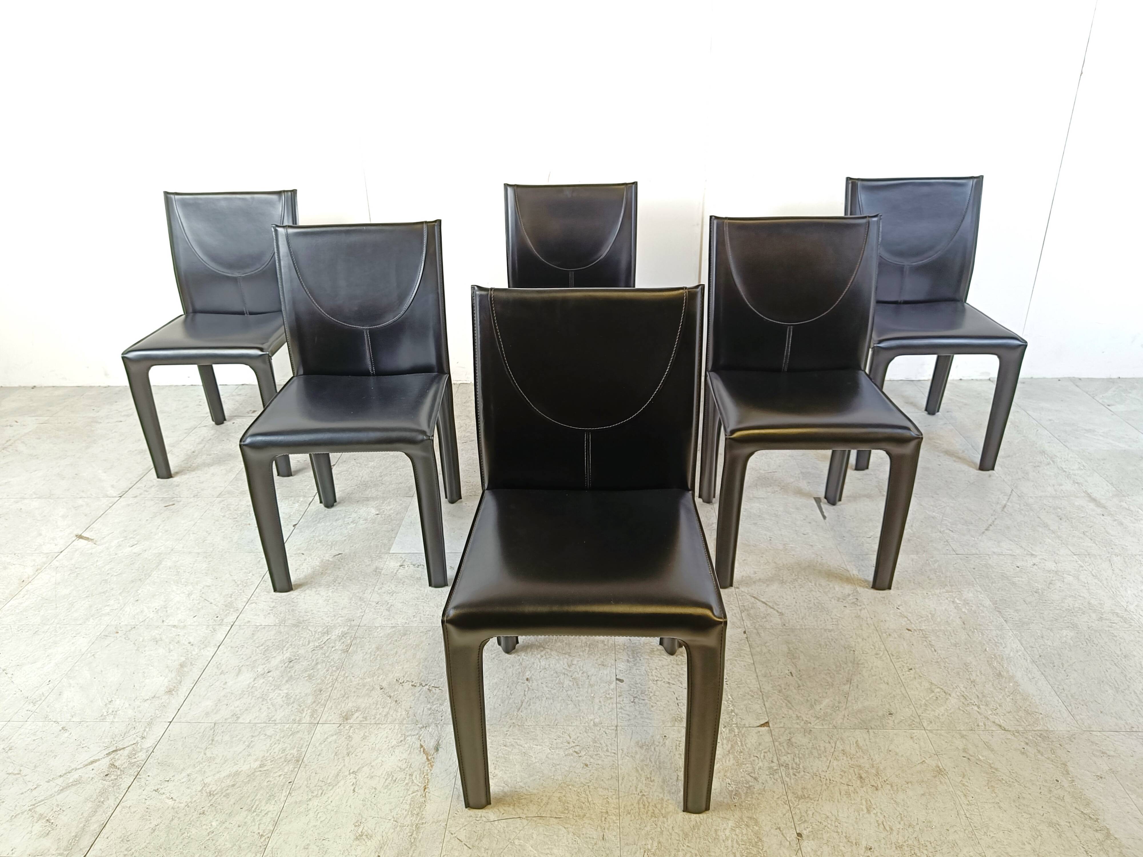 Black leather dining chairs by Arper italy, 1980s - set of 6