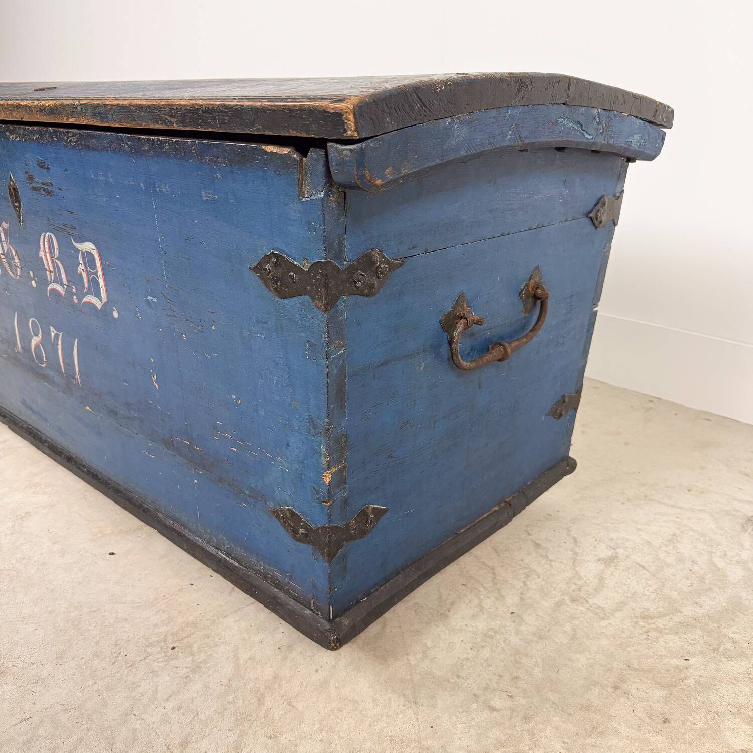Antique Blue Painted Wooden Chest – Dated 1871