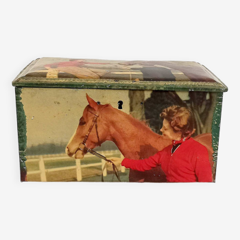 Metal biscuit box with horse riding decor 1950s