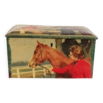 Metal biscuit box with horse riding decor 1950s