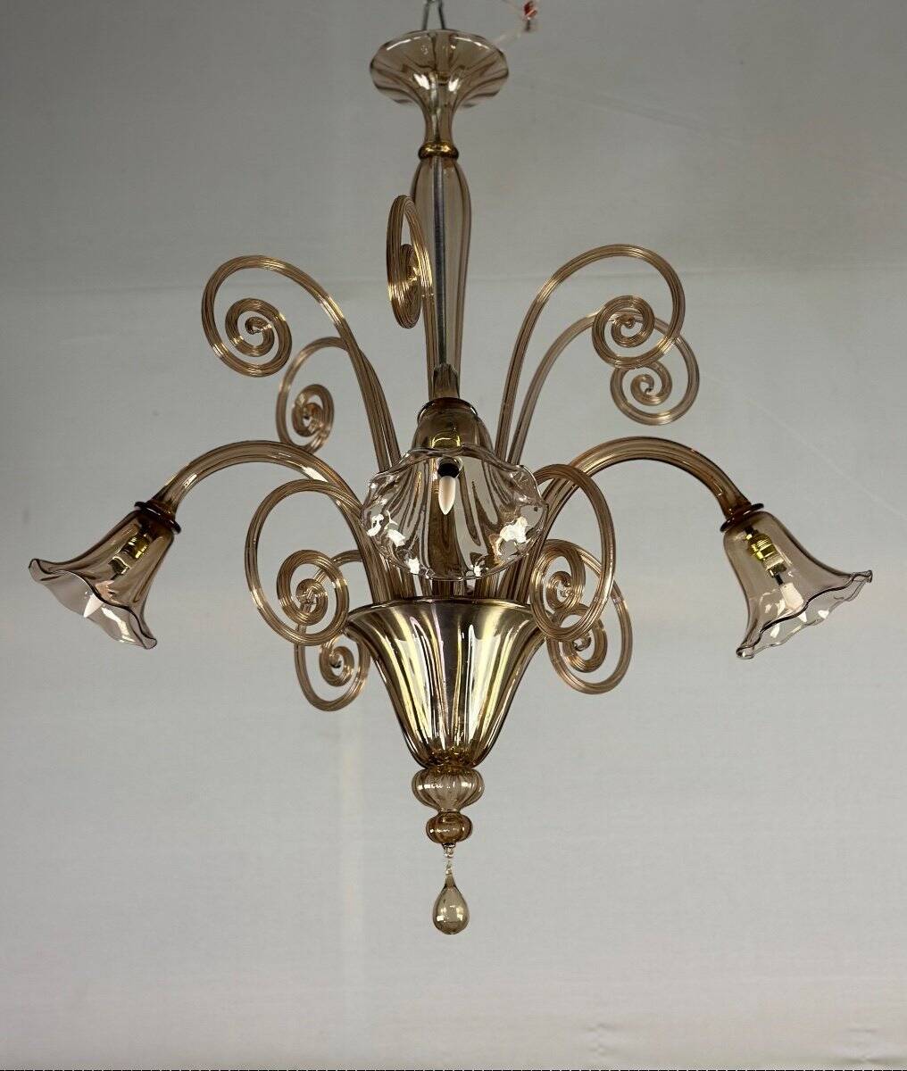 Venetian chandelier in gilded Murano glass, 4 light arms, circa 1940