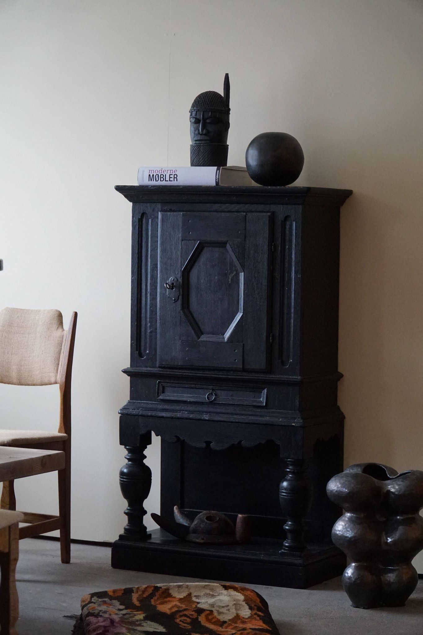 Antique black painted wardrobe from the 18th century by a Danish cabinetmaker, baroque.