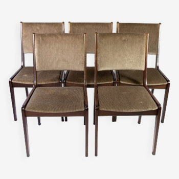 Ensemble de cinq chaises de salle à manger en bois foncé et tissu foncé de design danois par Farstrup, années 1960