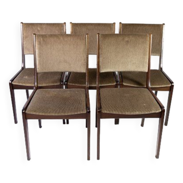 Set of five dining room chairs in dark wood and dark fabric of danish design by Farstrup, 1960s
