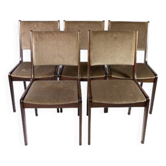 Ensemble de cinq chaises de salle à manger en bois foncé et tissu foncé de design danois par Farstrup, années 1960