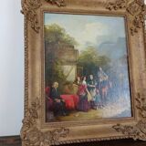 Huile sur panneau figurant une scène bourgeoise animée