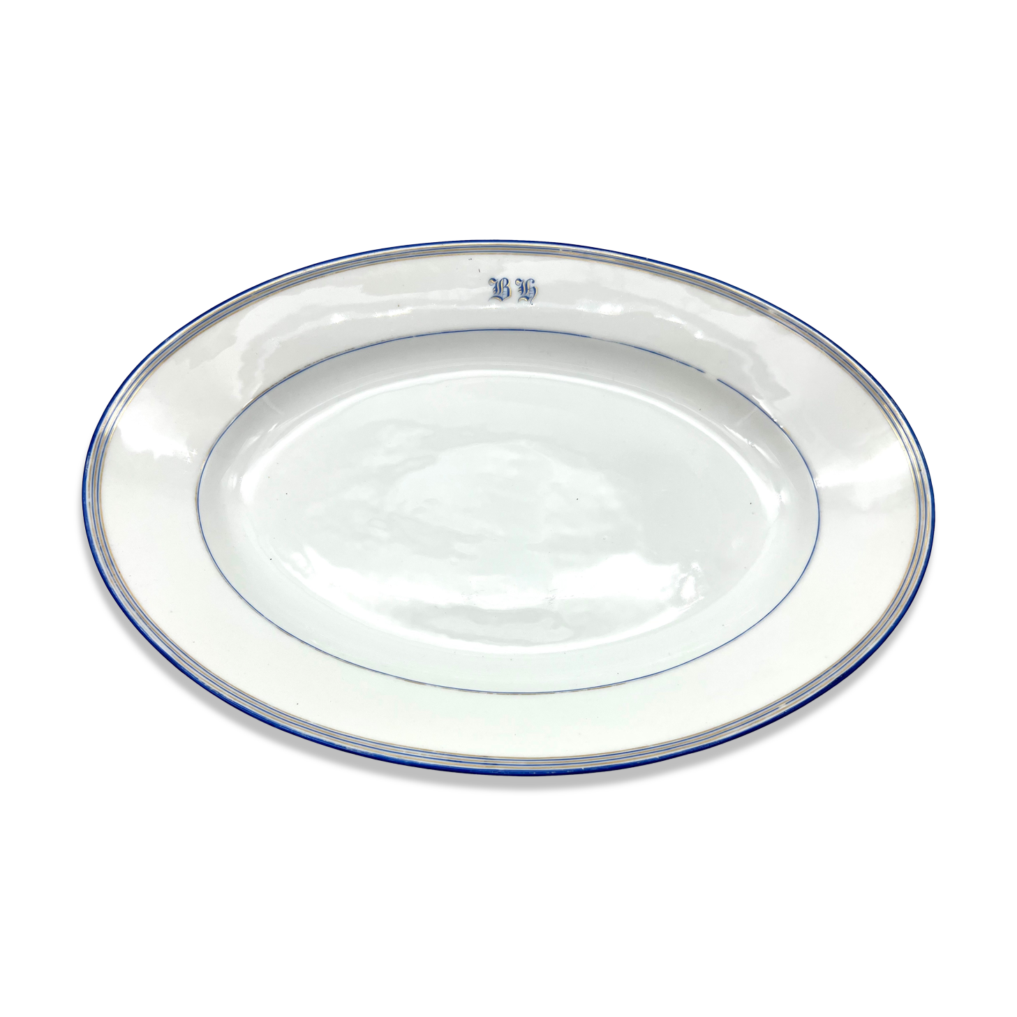 Monogrammed oval dish b h white and blue 39cm