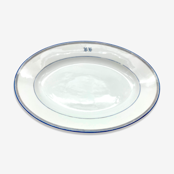 Monogrammed oval dish b h white and blue 39cm
