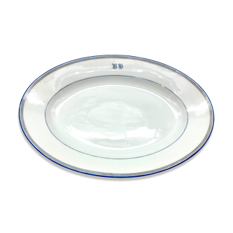Grand plat oval monogrammé B H blanc et bleu 39cm