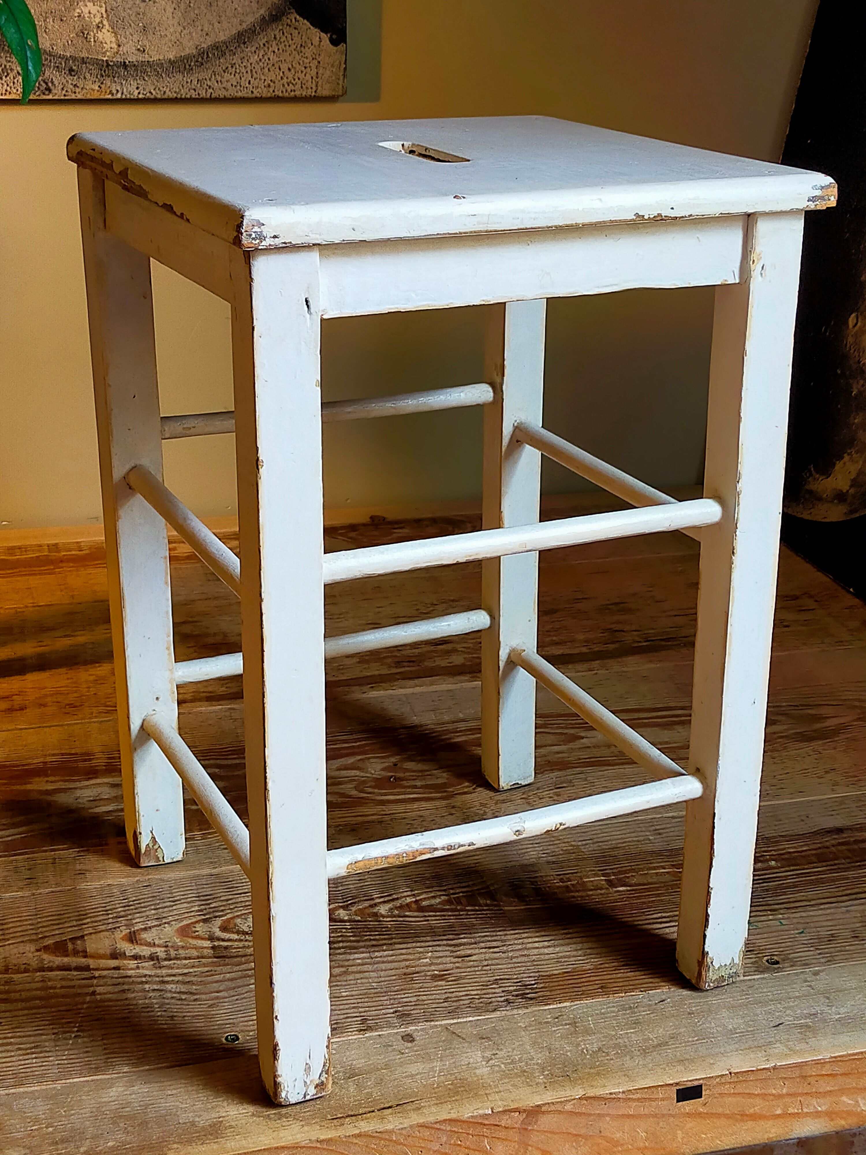 Workshop stool in vintage patinated solid wood