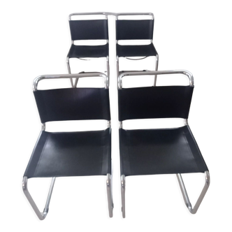 Serie de 4 chaises de Bersanelli en cuir noir et chrome