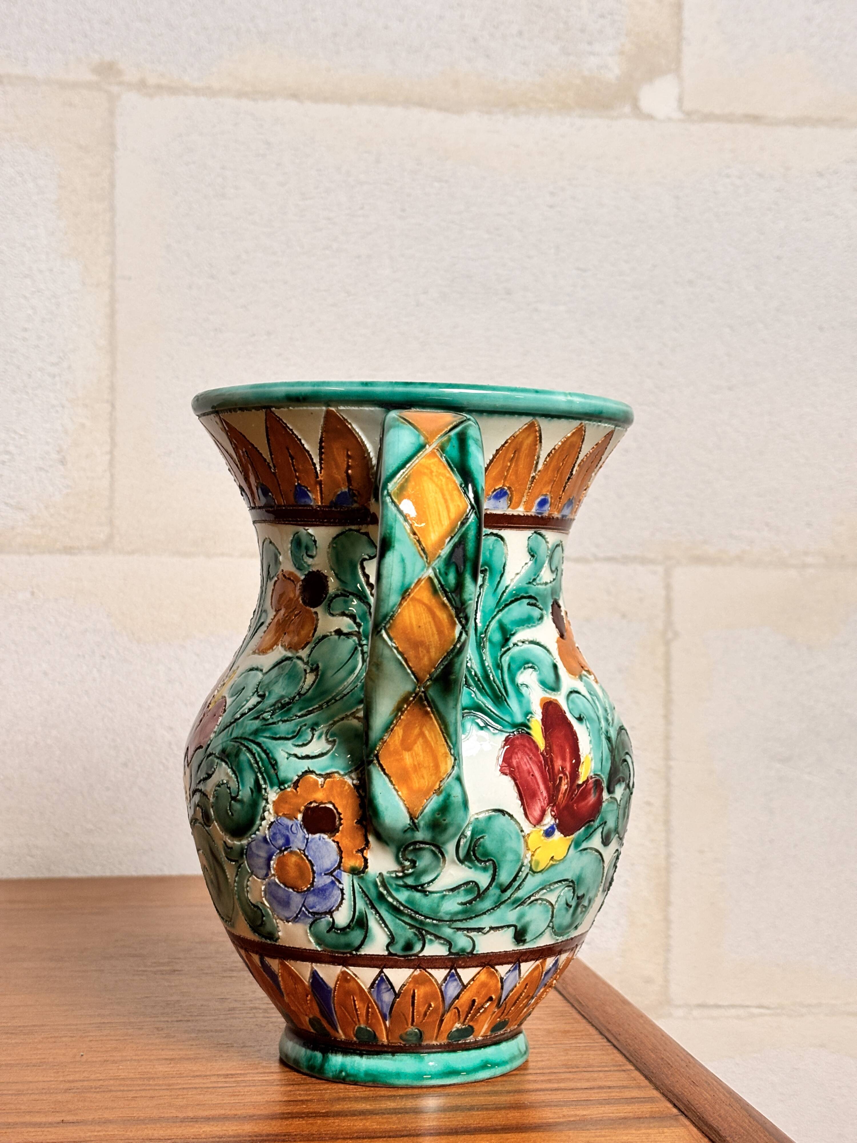 Vase jug with handle – floral decoration, signed Cerart Monaco ⎥1960s