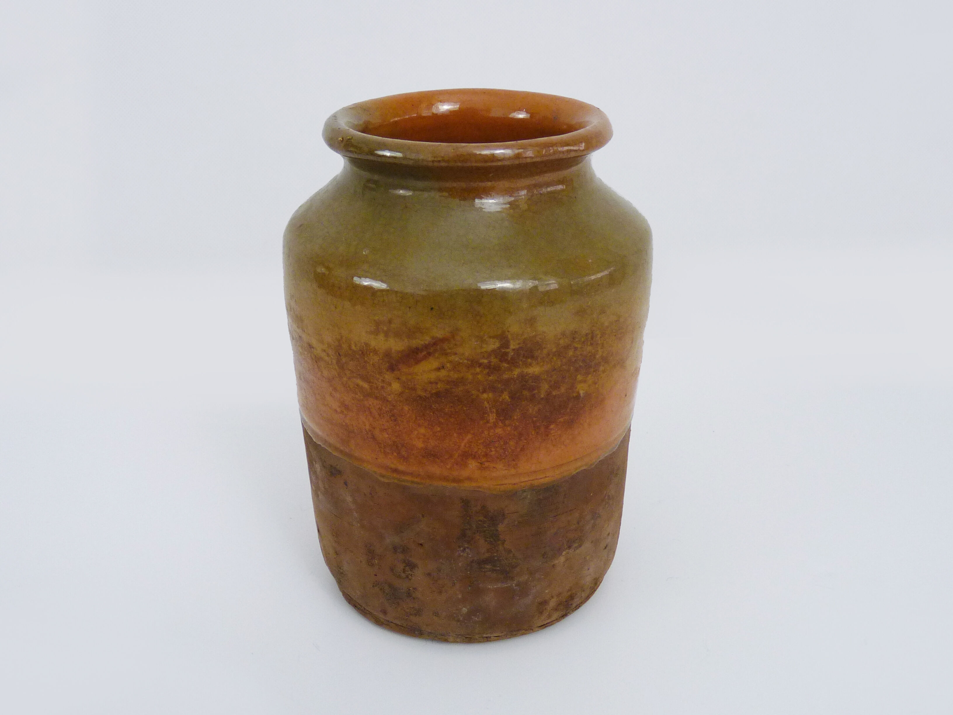 Grease pot in glazed yellow orange terracotta, year 50