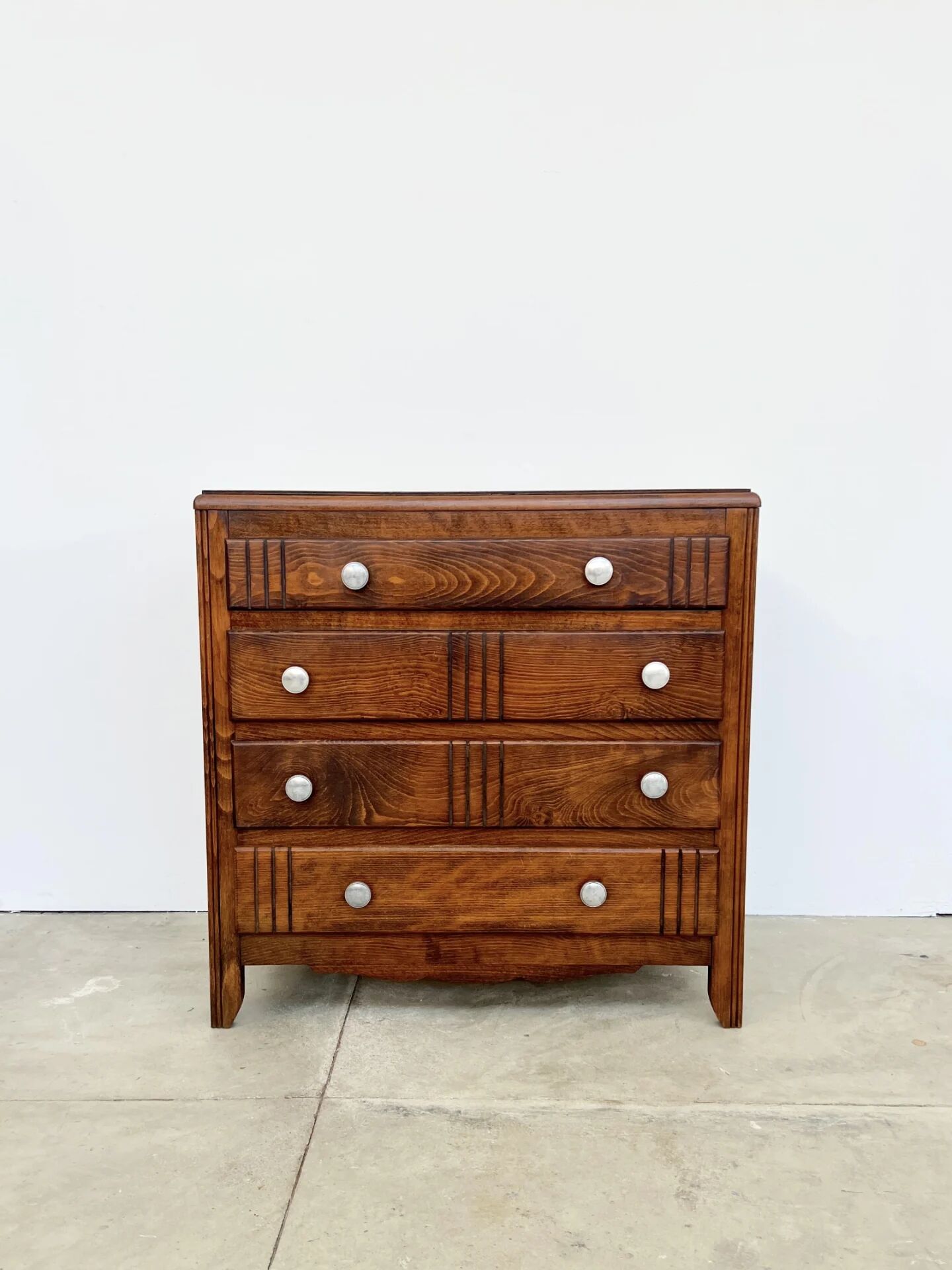 Small chest of drawers with 4 drawers — solid wood, Art Deco patterns, France 1950s