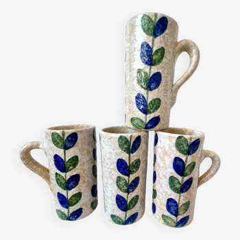 4 mugs chopes grès décor fleurs