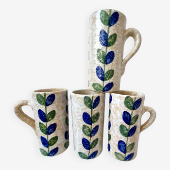 4 mugs stoneware flower decoration