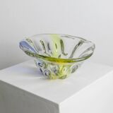 Large Murano Glass Bowl in Clear with Blue & Yellow Swirls – Oval Vintage Italian Design (1970s)