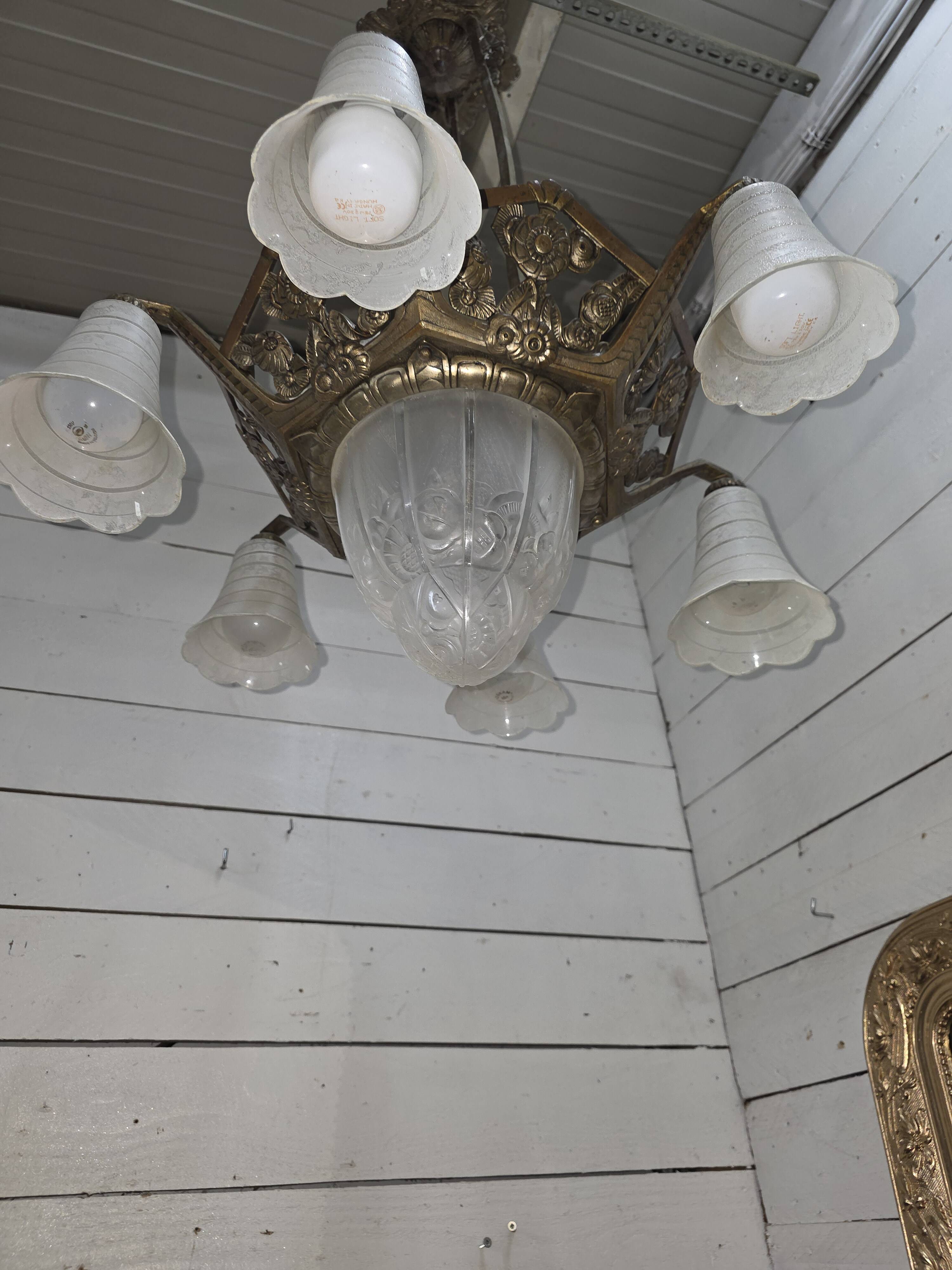 1930s Art Deco bronze chandelier