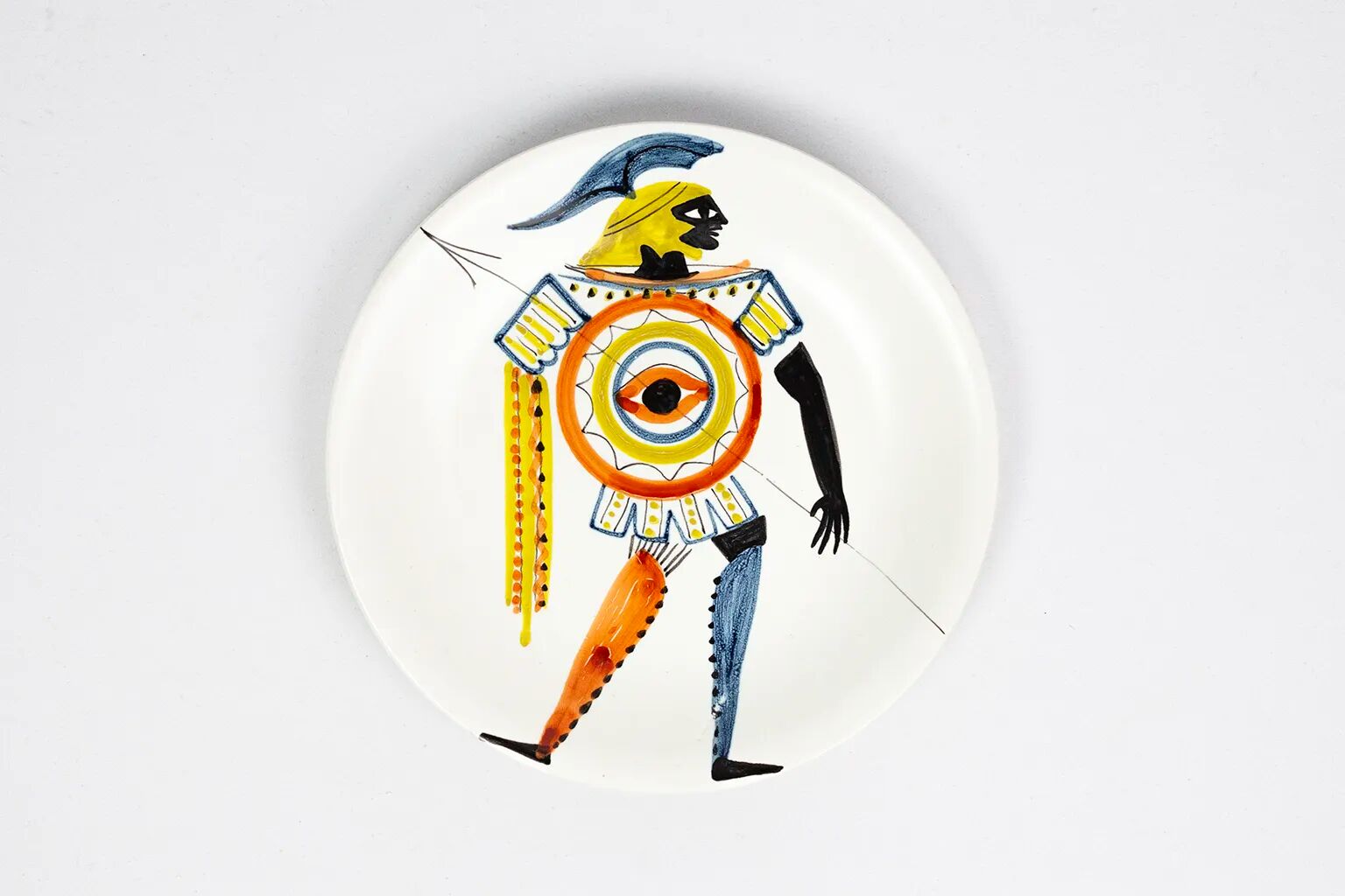 Ceramic plate by Roger Capron, Vallauris, ancient warrior - 1960s