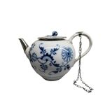 Antique German Porcelain Meissen Zwiebelmunster Teapot with silver, mid 180