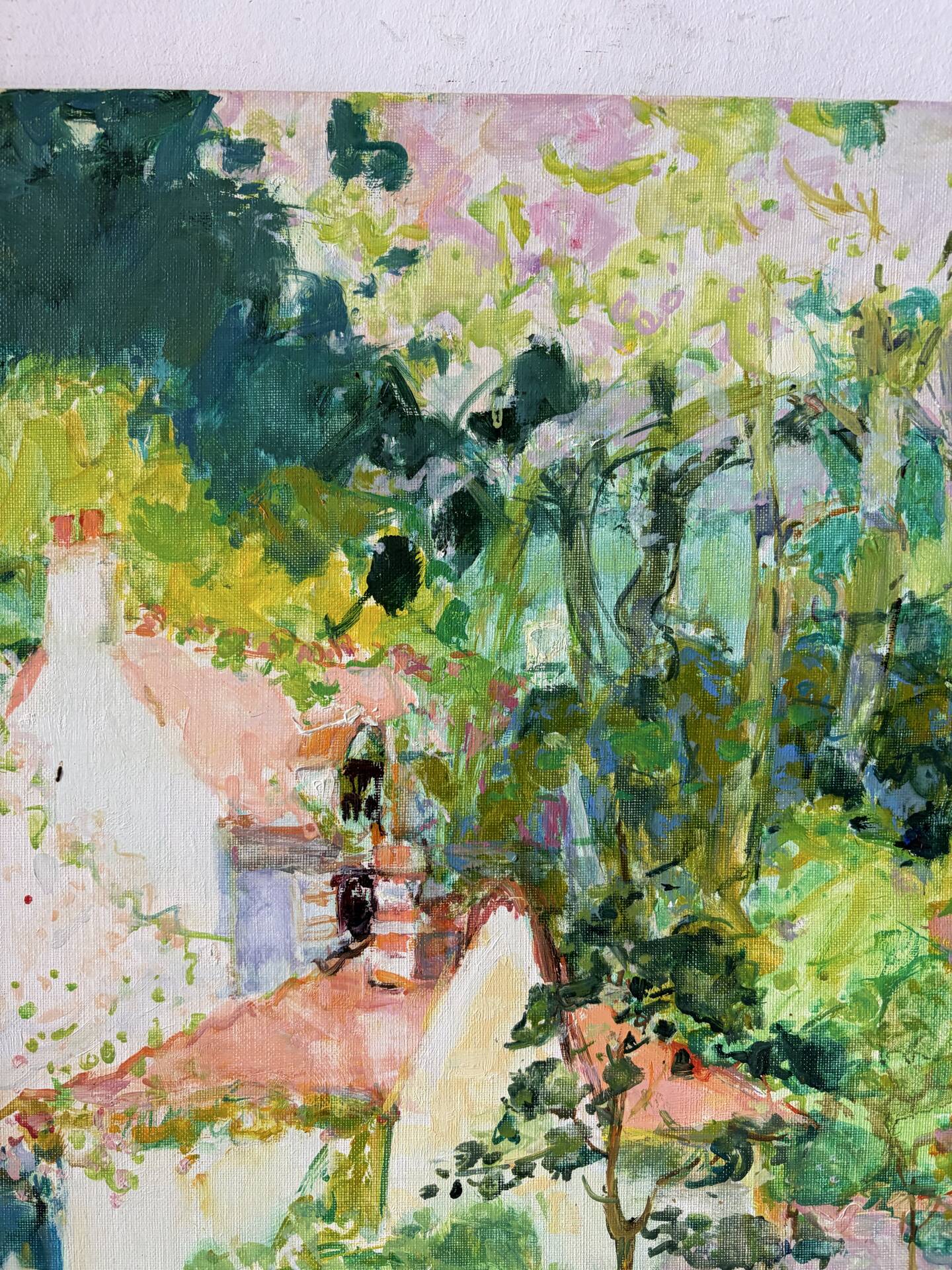 Village with pink roofs, oil on canvas signed Claude Jousset.