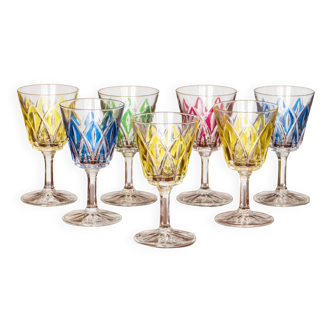 7 verres à pied Arlequin verrerie de Reims multicolores