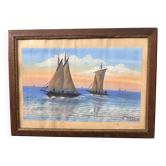 Marine au Couchant - Victor Contoux (XIXe) - Gouache Originale