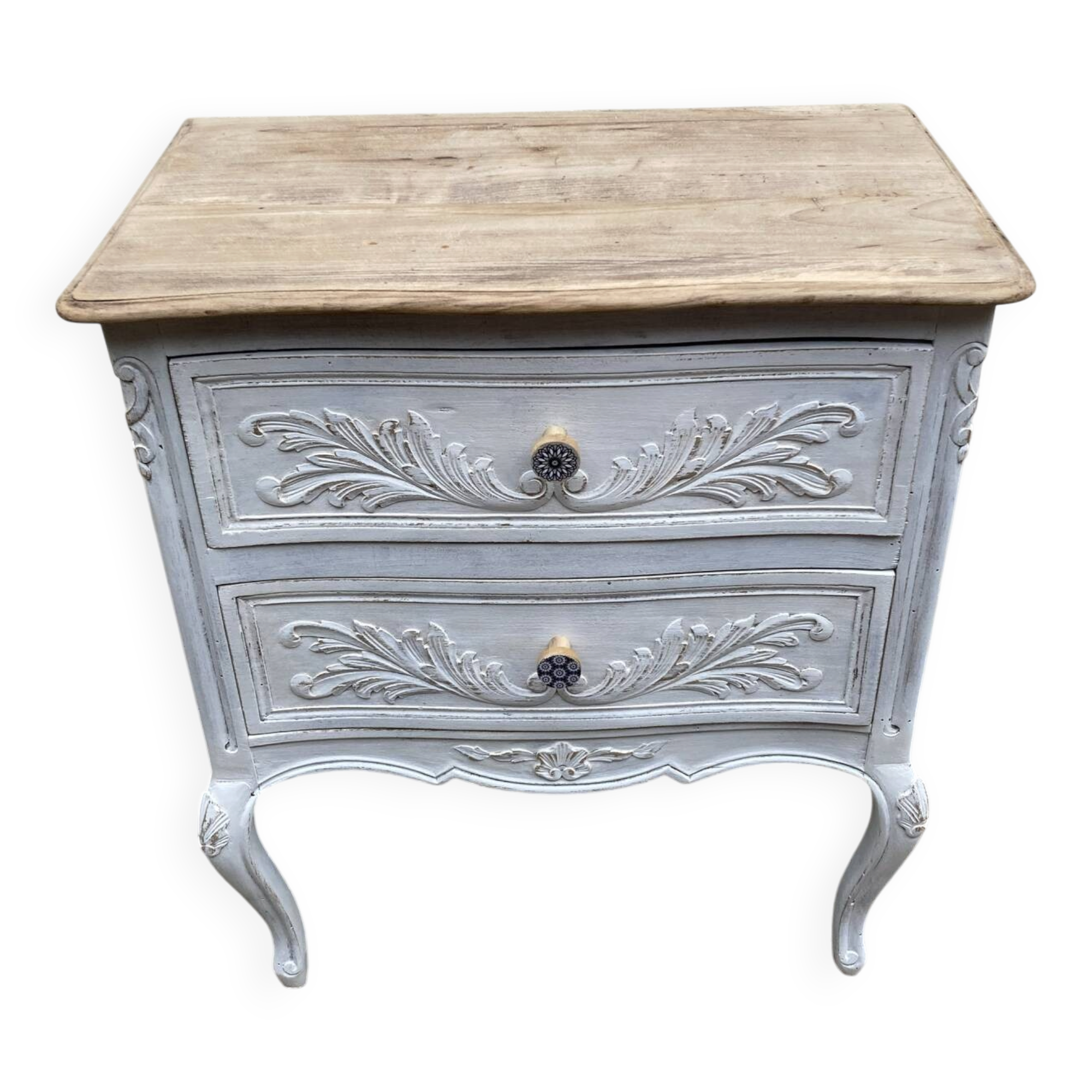 Adorable small chest of drawers or weathered white console.
