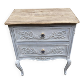 Adorable small chest of drawers or weathered white console.