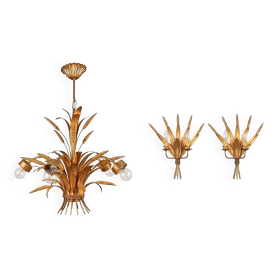 Lustre et Paire d'Appliques ''Gerbe de Blé'' – Métal Doré – Style Hans Kögl