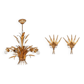 Lustre et Paire d'Appliques "Gerbe de Blé" – Métal Doré – Style Hans Kögl