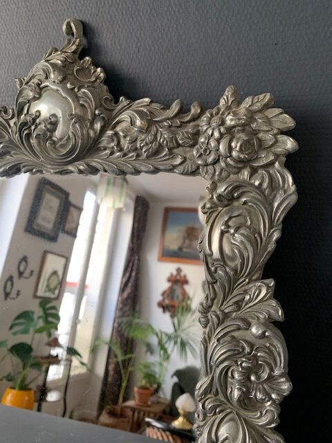 Antique Italian mirror in repoussé silver metal