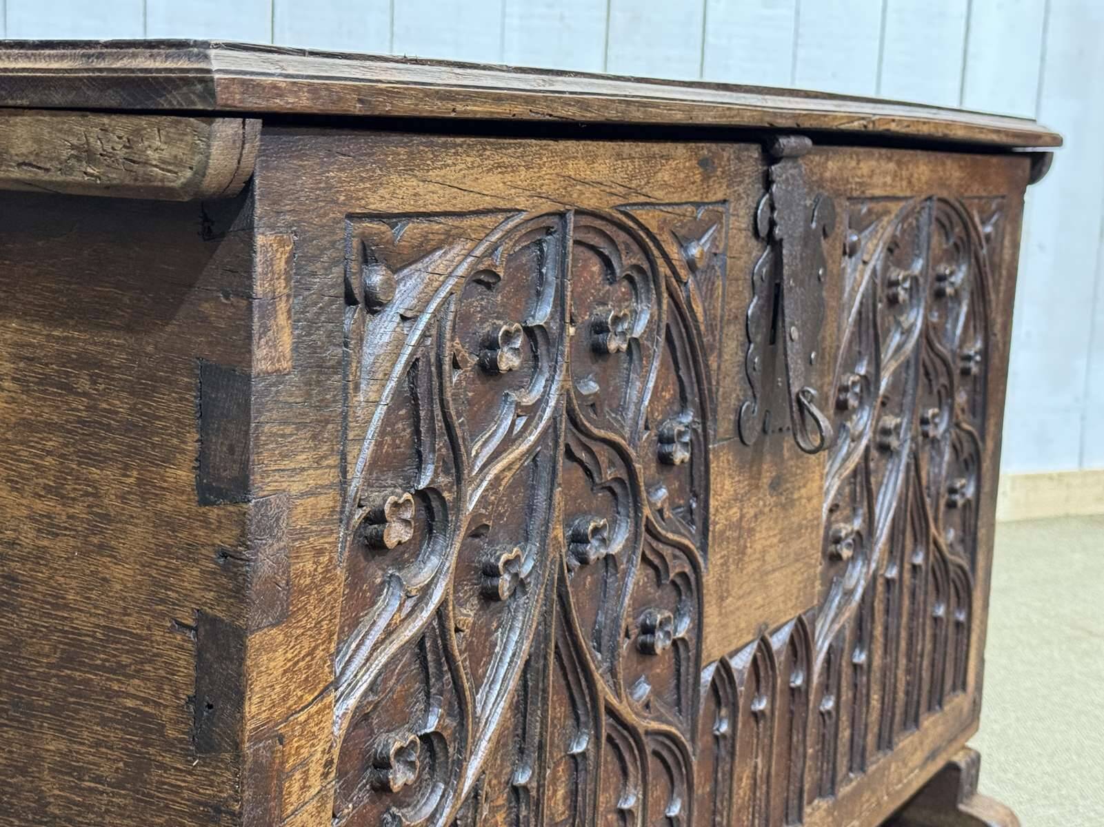 18th-century oak chest with Gothic decoration