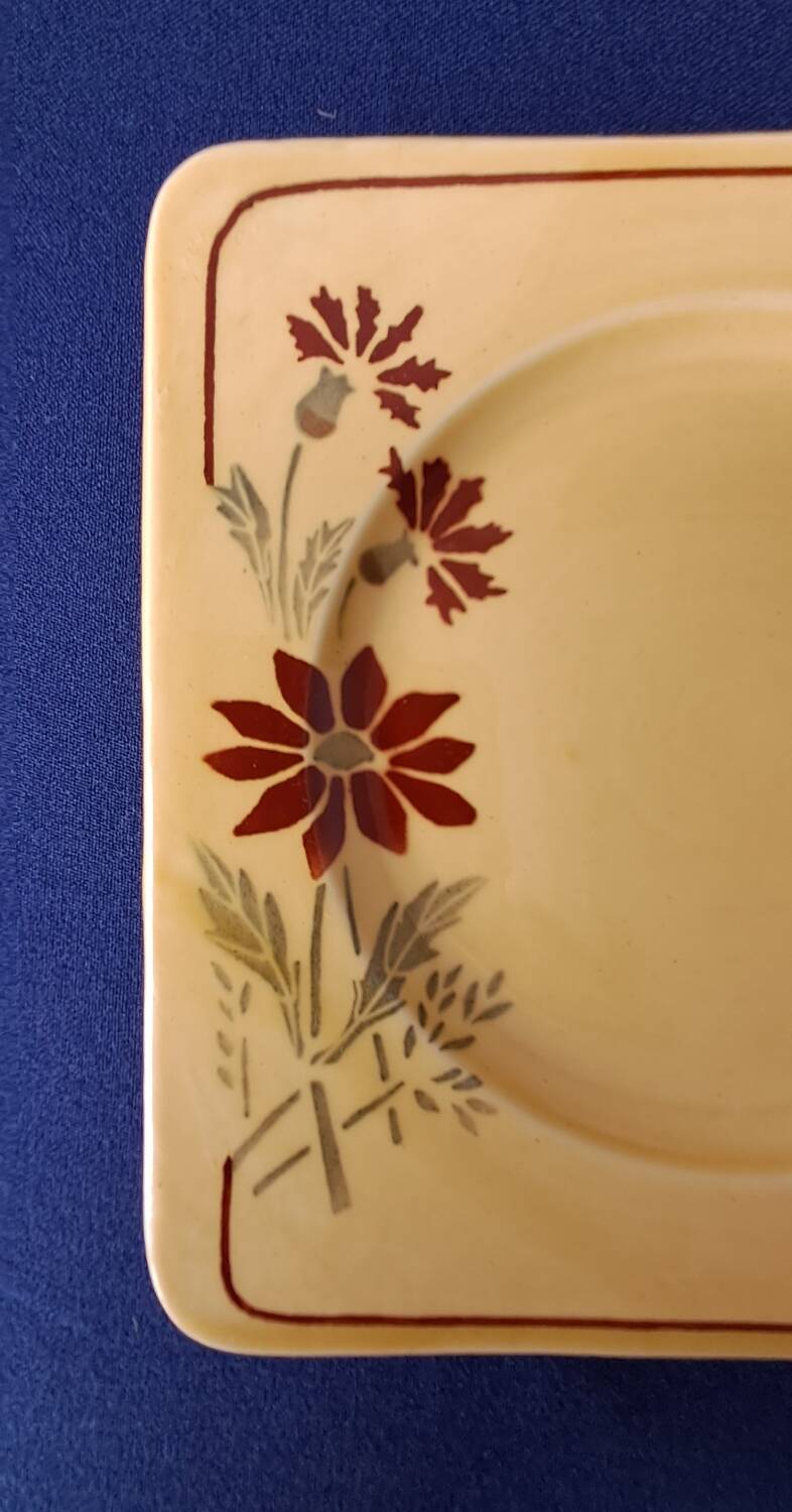 6 square dessert plates, ironstone. 1940s-50s.