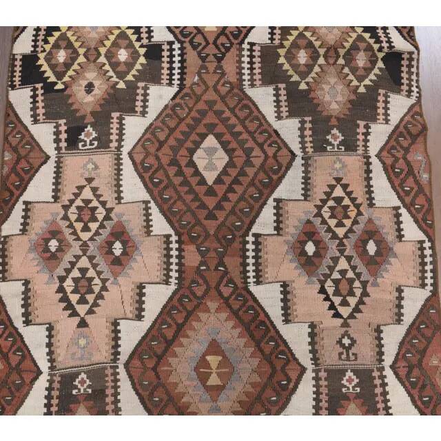 Vintage Turkish Handmade Wool Cotton Brown Kilim Runner 103x424