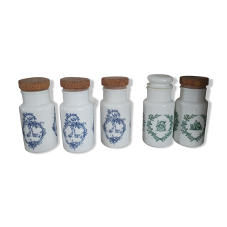 Lot de 5 pots en opaline verre opale blanc vintage, le décor de fleur et feuilles