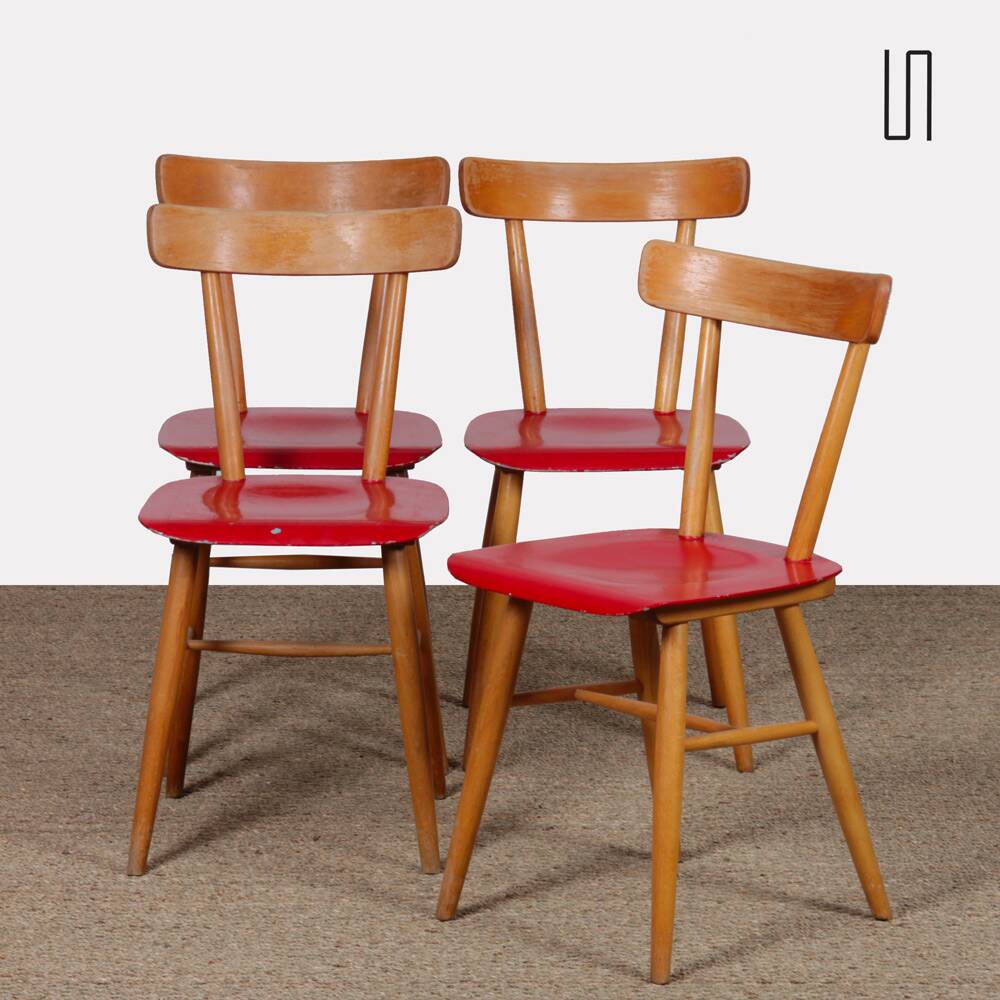 Set of four red chairs published by Ton, 1960