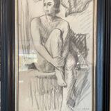 Drawing, framed, woman posing nude charcoal technique, 1930s period