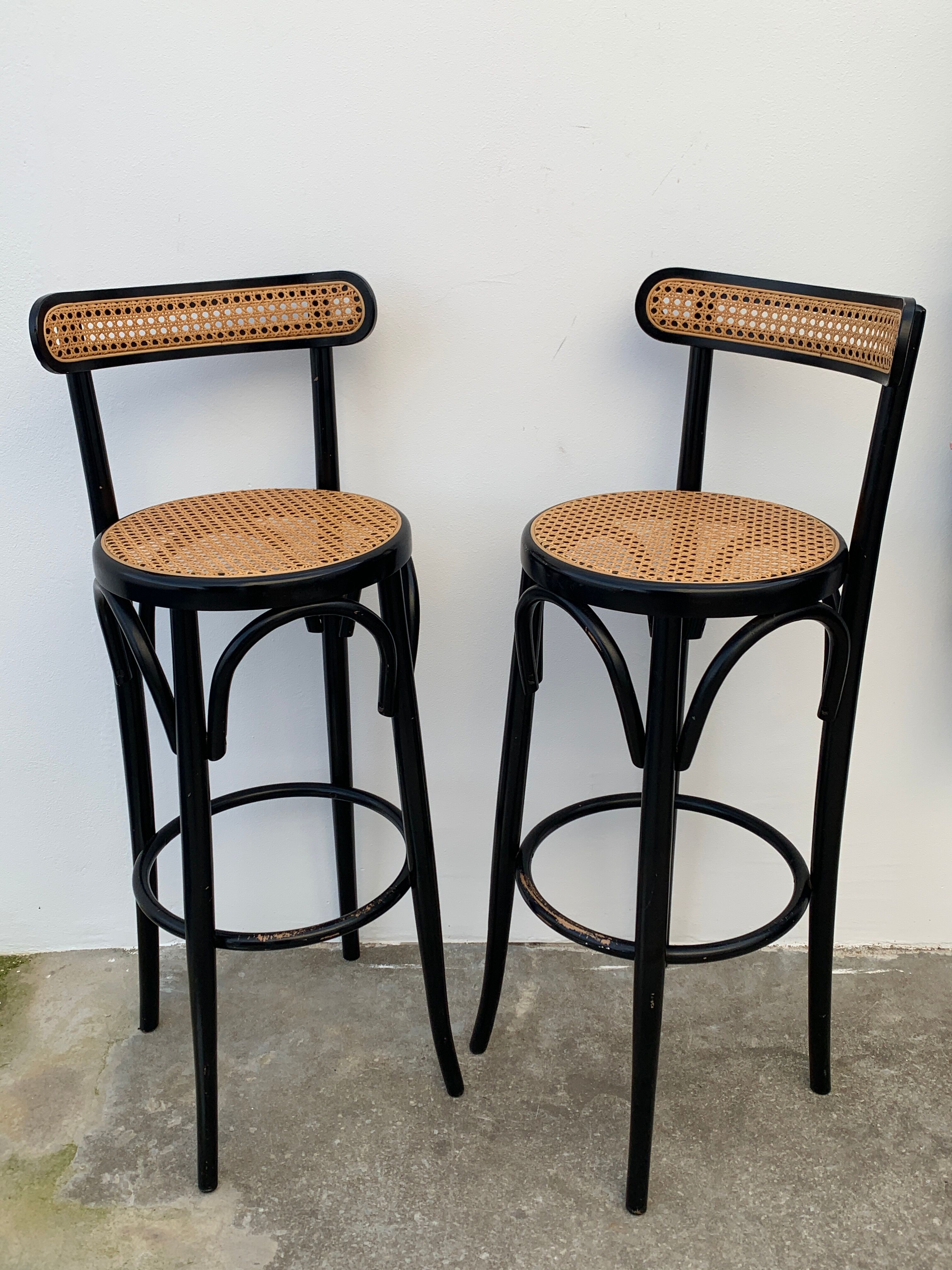 Pair of high canne stools or black curved wooden bar chairs, 1970