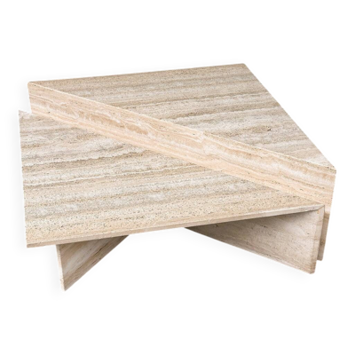 Table basse en travertin brutaliste italien Up & Up, géométrique mod en deux pièces.