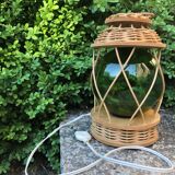 Old ratan table lamp, rattan and blown glass.