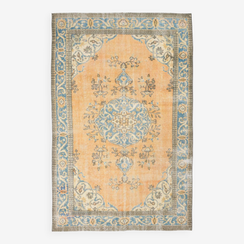 Tapis vintage 6 x 9 nuances d'orange et de bleu, 186 x 289 cm