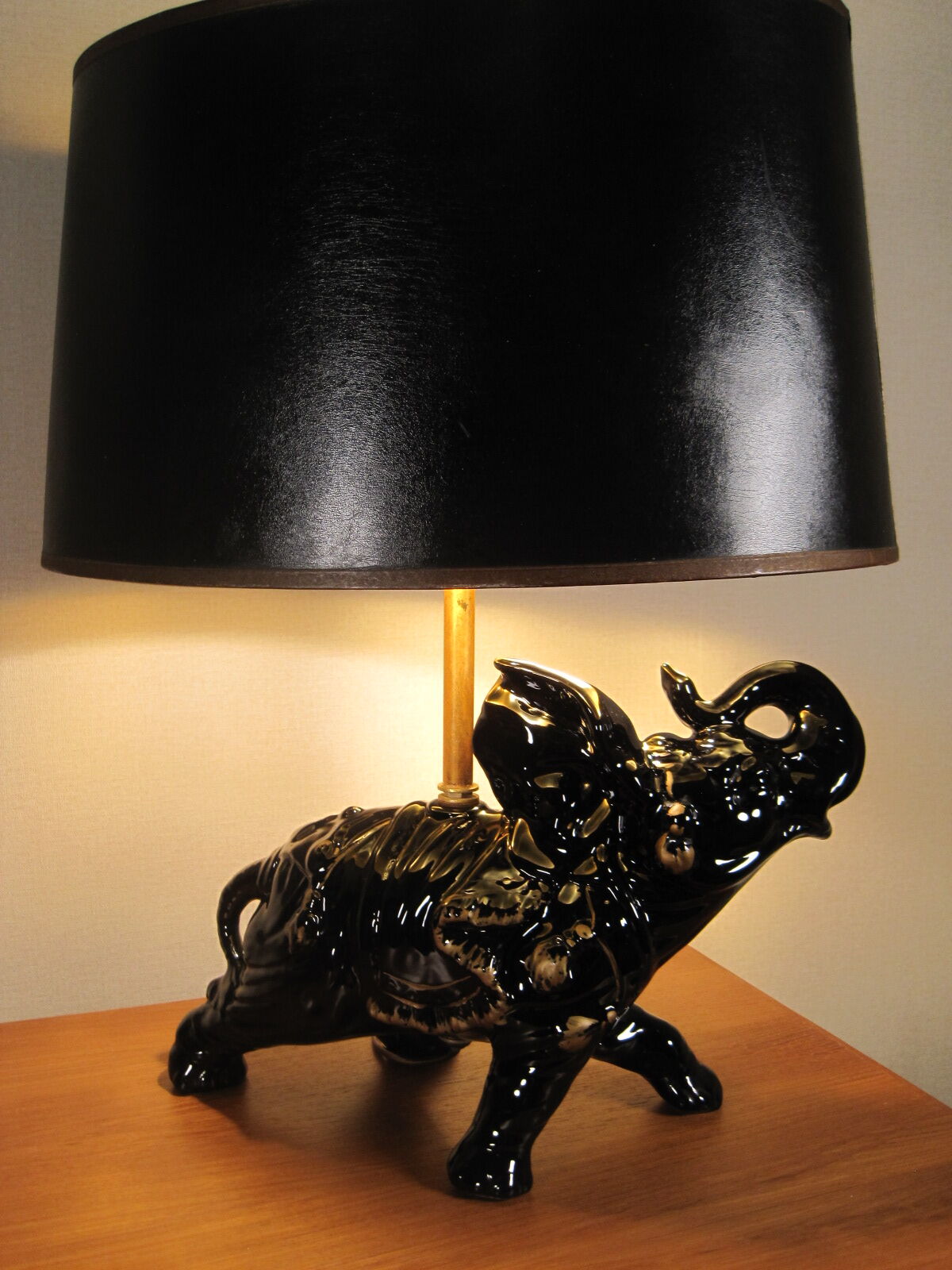 black enamelled ceramic and gold gilding elephant lamp 1950s