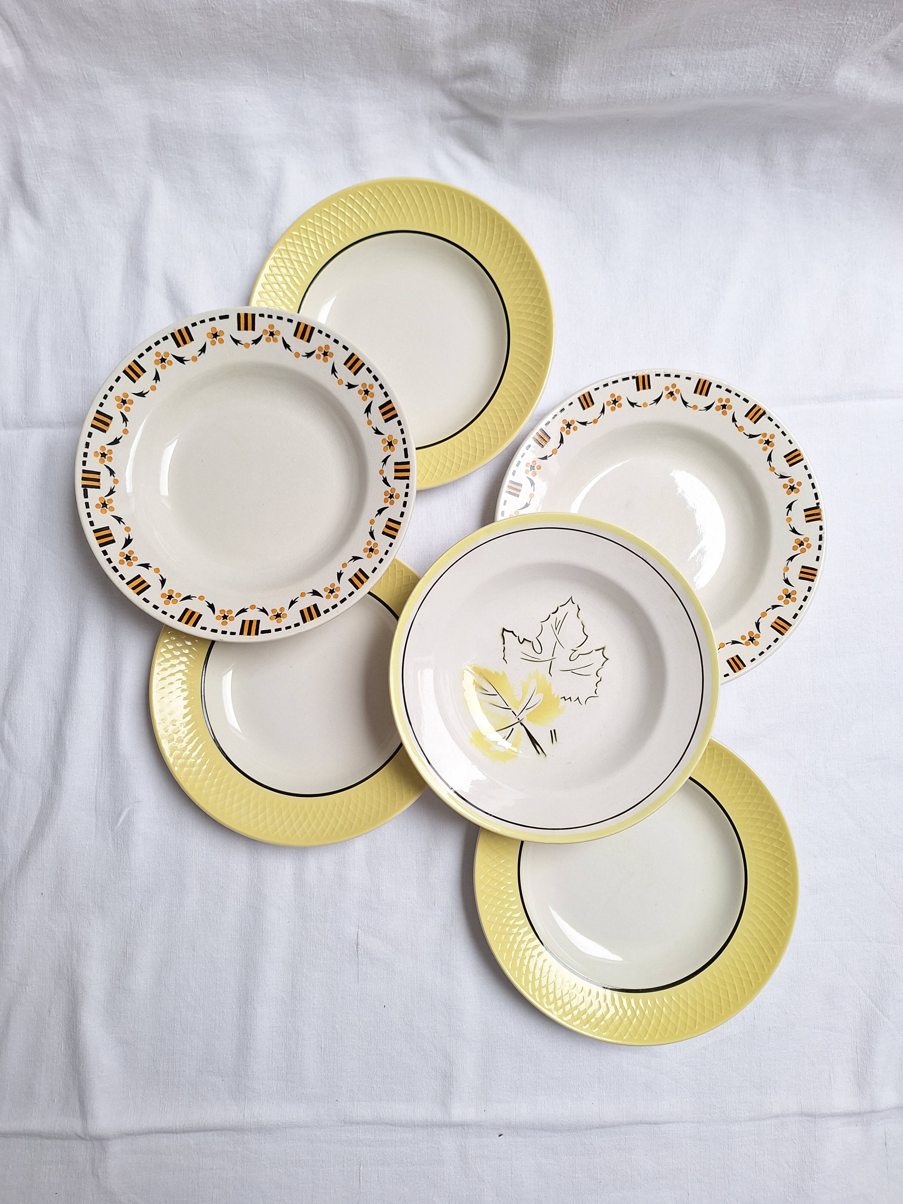 Vintage yellow soup plates from Moulin des Loups, Gien, Sarreguemines
