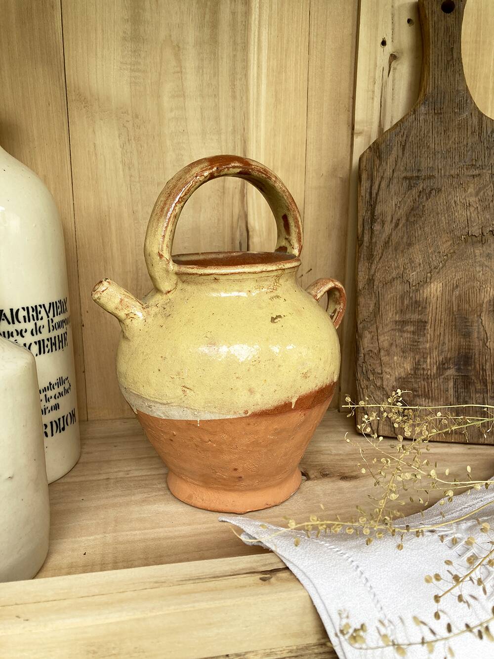 Antique Provençal jug / goat in red stoneware with yellow enamel