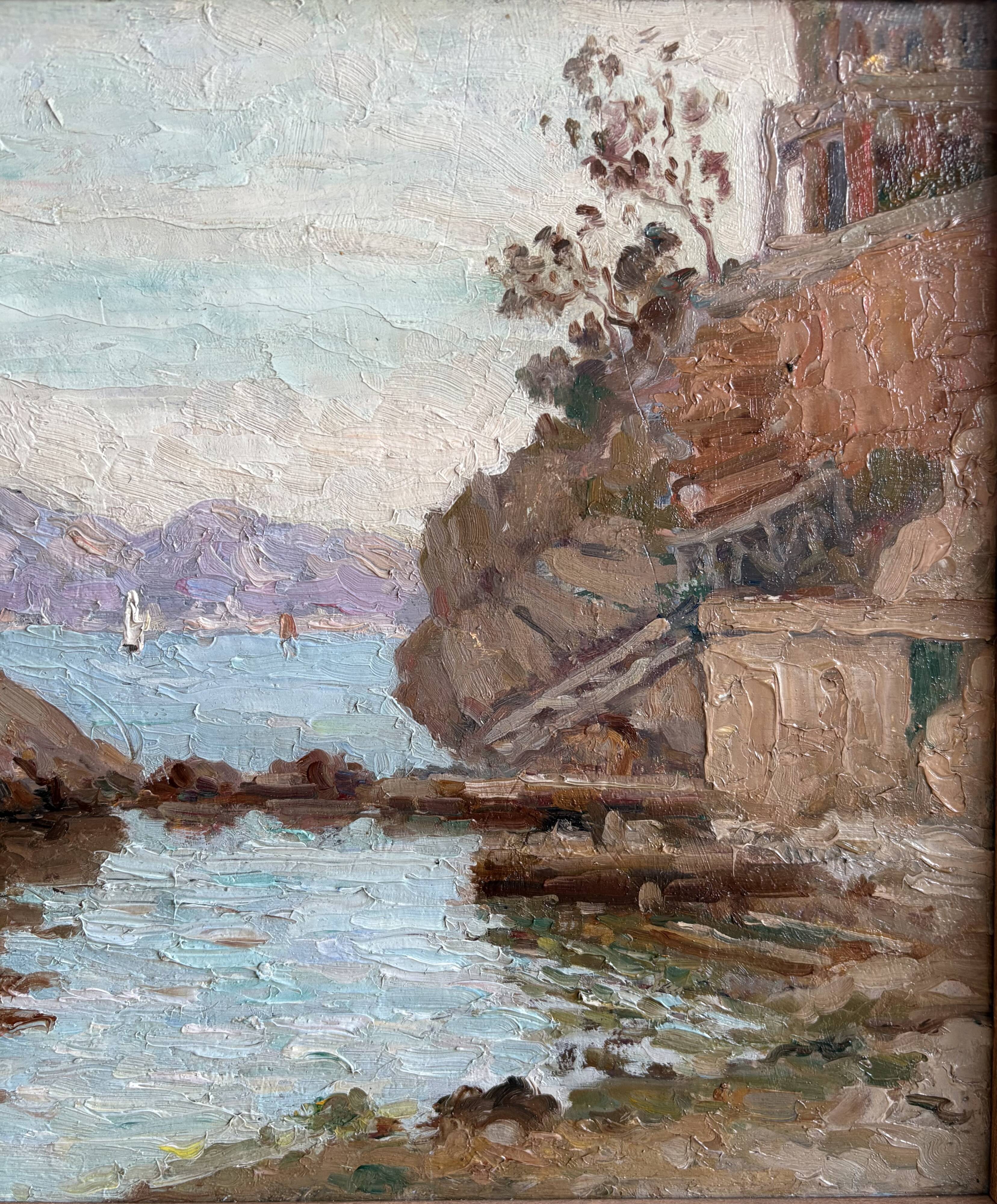 The cornice, marine in oil on wood, early 20th century.