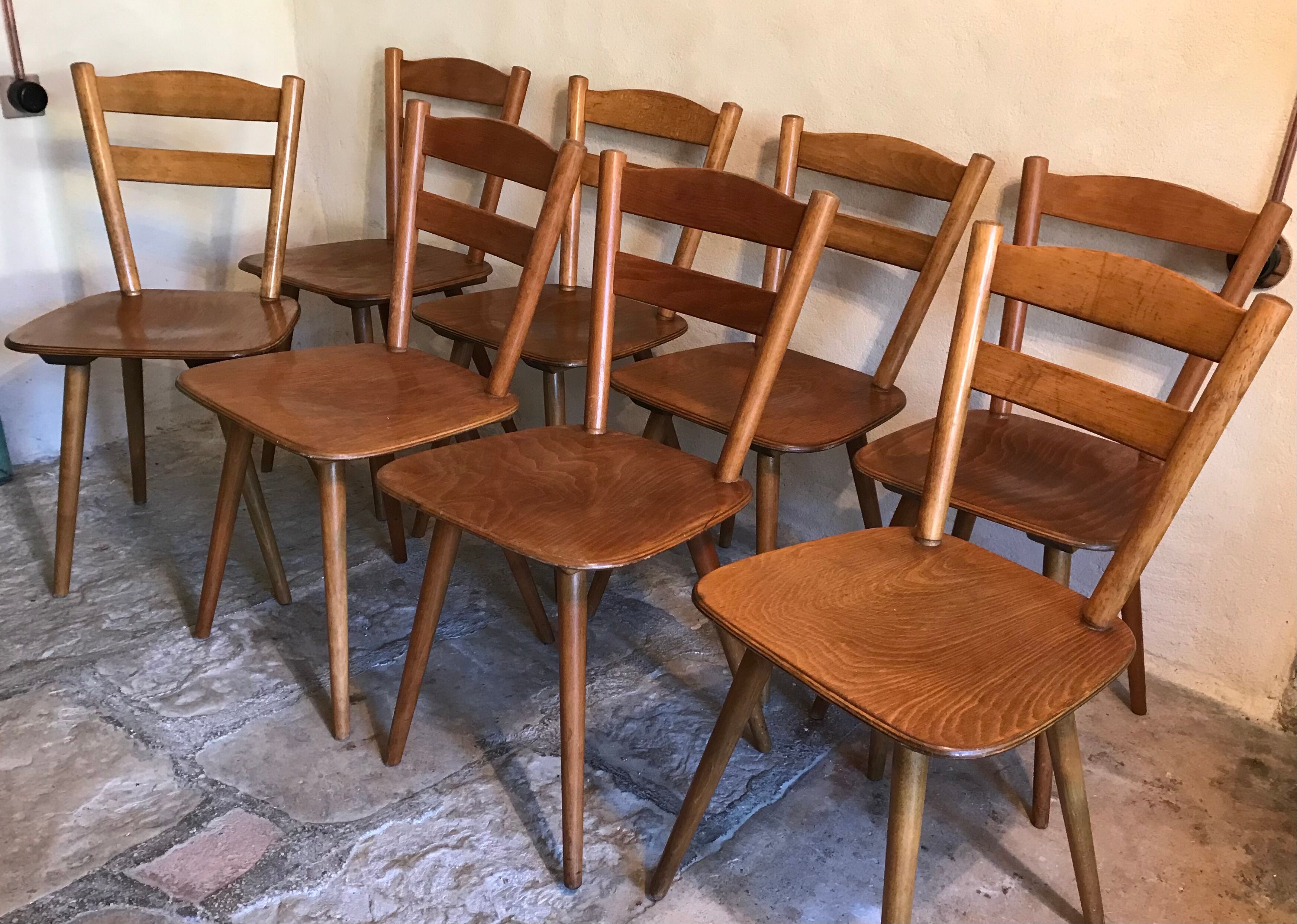Set of 8 vintage beech chairs compass feet 1960's