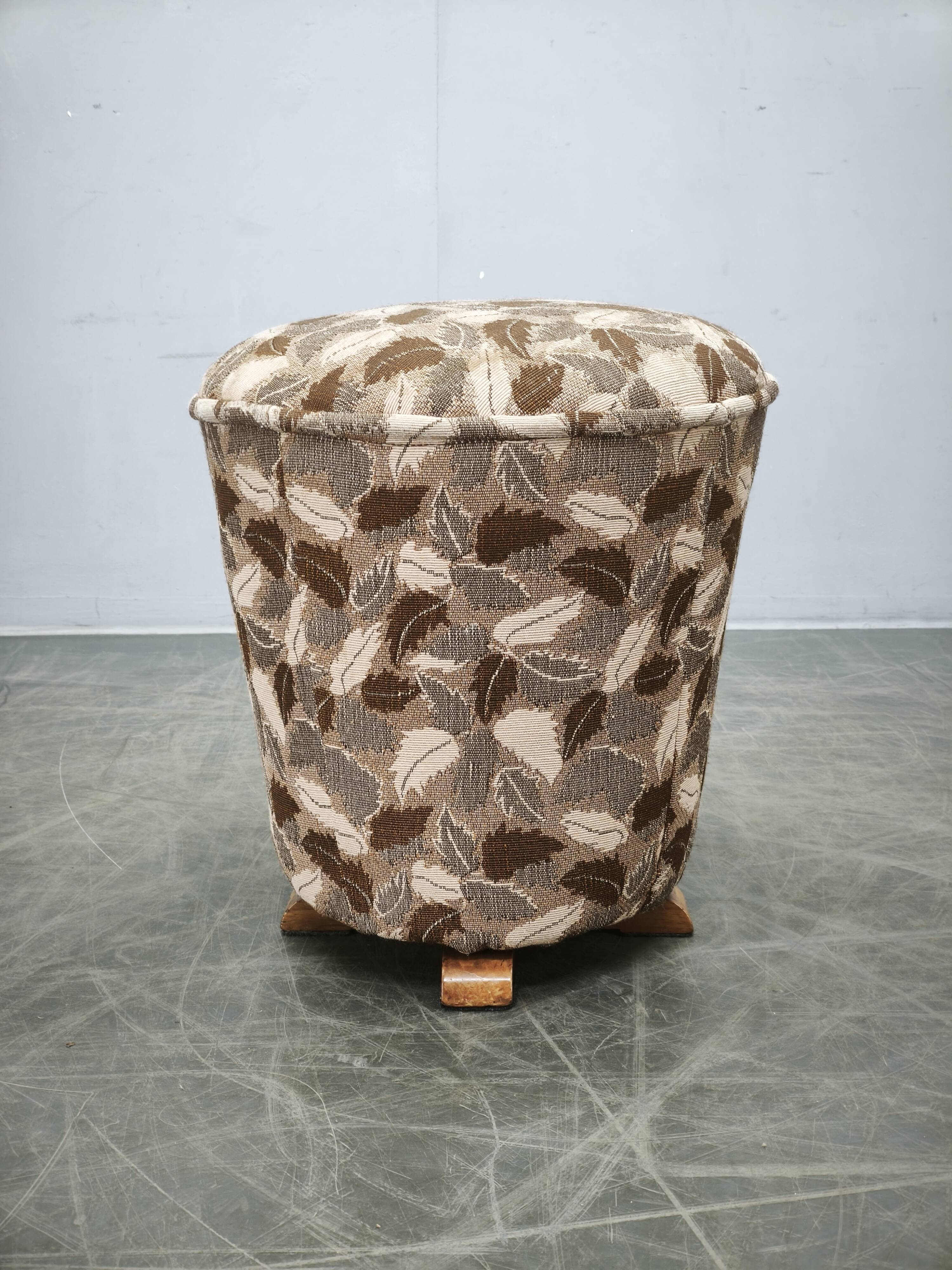 1930s Czechoslovak Art Deco Upholstered Round Tabouret Stool