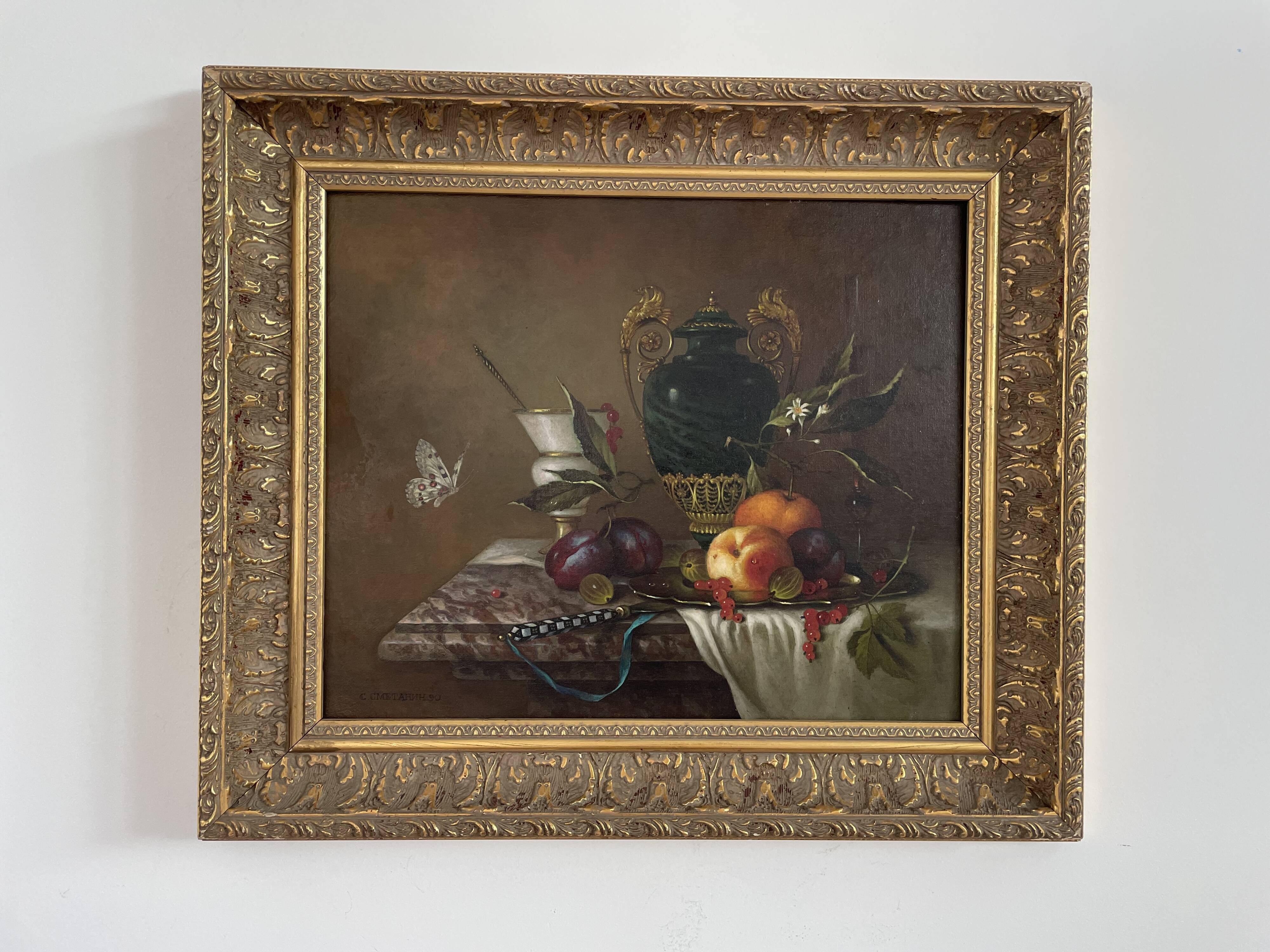 Oil painting, sergei smetanin, still life with marble vase, signed, gilded wood frame, russia