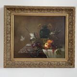 Oil painting, sergei smetanin, still life with marble vase, signed, gilded wood frame, russia